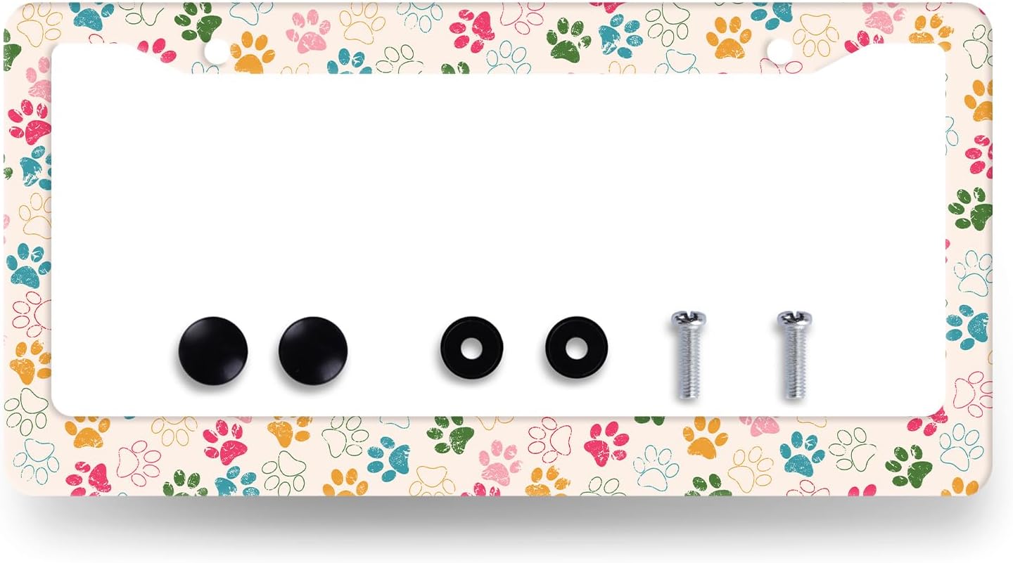 Colorful Dog Paws License Plate Frame Animal Dogs License Plate Holder Stainless Steel Funny Design with 2 Holes and Screws 12.3" x 6.3"
