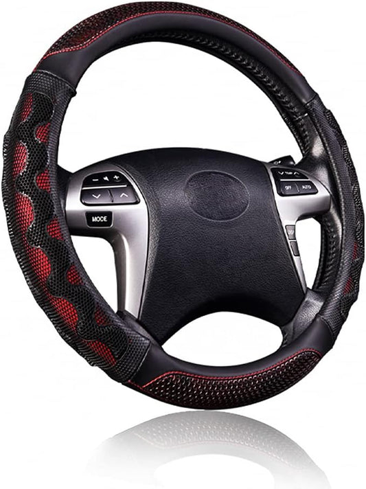 Flying Banner car Steering Wheel Cover Faux Leather Massage Universal fit 3D Honeycomb Hole Anti-Slip Sporty 15 Inches (Red with Black)