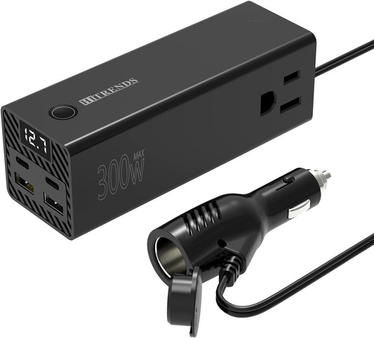 HITRENDS 300W Car Power Inverter Dual DC 12V to 110V AC Car Power inverters with PD 36W USB-C & 24W USB-A, Car Plug Converter with Switch and Current LCD Screen