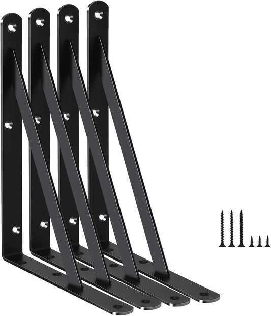 4 Pack L8 x H 6" Black Heavy Duty Shelf Brackets with Screws Metal Shelf Brackets Shelf Support Angle Brackets for Shelves L Brackets Heavy Duty Floating Shelf