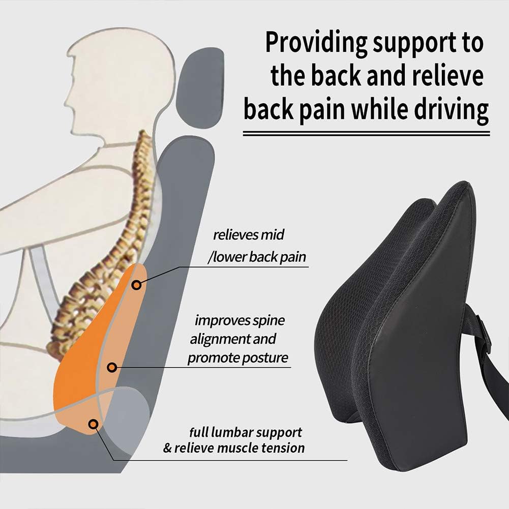 Memory Foam Lumbar Support Pillow for Car - Back Support for Car Seat (Black)