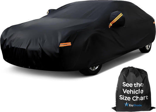 EzyShade 10-Layer Car Cover Waterproof All Weather - See Vehicle Size-Chart - Car Covers for Automobiles & Car Snow Cover - Full Exterior Covers - Rain Sun Wind Snow. Black, Size A4 (See SizeChart)
