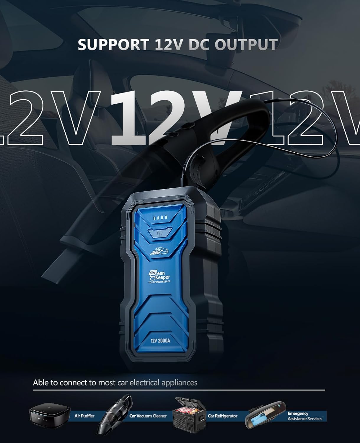 Portable Jump Starter 2000A Car Battery Jumper 12V Booster Engine Starter for 7.0L Gas & 6.5L Diesel Jump Start Battery Pack Multiple Emergency Kit with LED & Safety Protection with DC 12V/6A Output