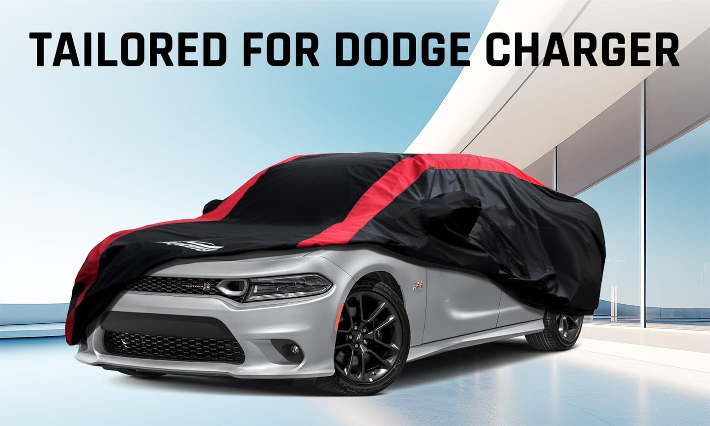 Dodge Charger Car Cover Waterproof All Weather with Red Strip Design, Custom Fit for Dodge Charger 2006–2023, Charger Accessory with Door Zipper & Windproof Straps
