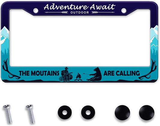 Adventure Await License Plate Frame, Mountains Forest Bear Outdoor License Plate Holder Cover, Metal Aluminum Rustproof Car Accessories for Men Women, Great Gift for Hiking Camping Enthusiasts