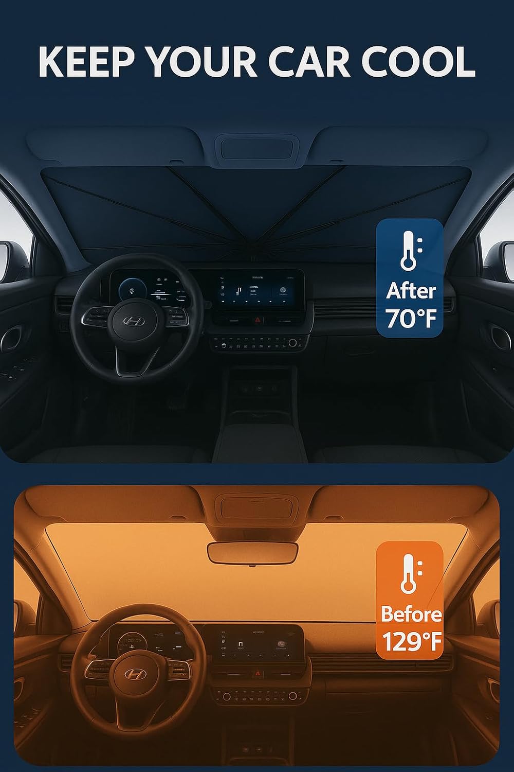 Proadsy Windshield Sun Shade Umbrella for Hyundai Ioniq 5 2022-2025 2026 Foldable Car Umbrella Sunshade with Soft TPU Handle Spring Structure Crystal Cooling Material Protect Car from Rays & Heat