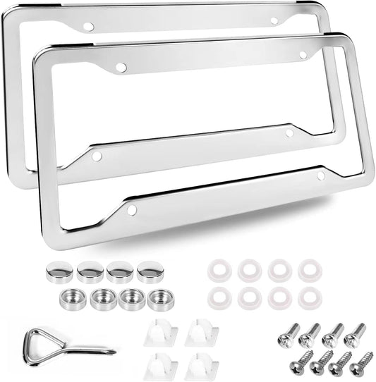 2 Pcs 4 Holes Stainless Steel License Plate Frame，Car License Plate Holder Bracket with Mount Hardware ，Screw， Caps Cover Set Car Accessories