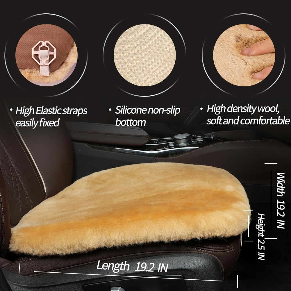 LLB Genuine Sheepskin Car Seat Cushion Seat Covers for Cars Trucks SUV Comfort Seat Protector Pad for Car Driver Seat Car Accessories for Women Office Chair Car Decor (Khaki, Front Seat Cushion-1 Pc)