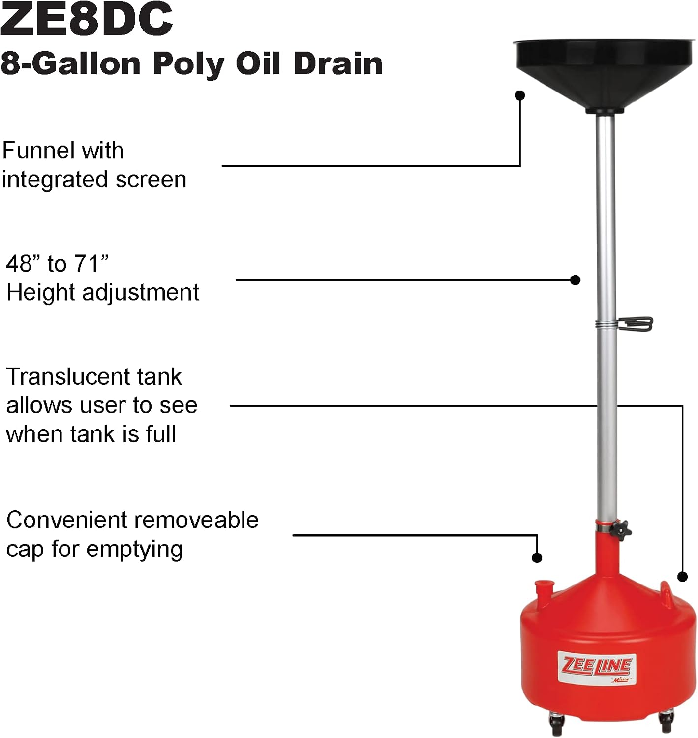 Zeeline By Milton ZE8DC, Rolling Oil Drain Pan, 8 Gallon Oil Drain with Adjustable Funnel, 2 Inch Drain Port with Cap, Wide Drain Pipe for Faster Draining, Oil Drain with 4 Swivel Casters