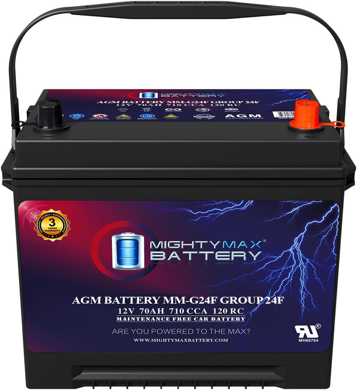 Mighty Max Battery MM-G24F Start and Stop Car BCI Group Size 24F 12V 70Ah, 120RC, 710 CCA Rechargeable AGM Car battery