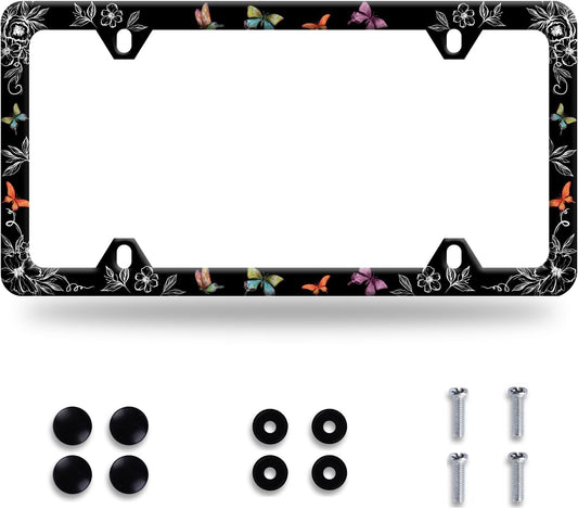 Butterfly License Plate Frame Wild Flower License Plate Holder Stainless Steel Women Colorful Car Accessory Decoration