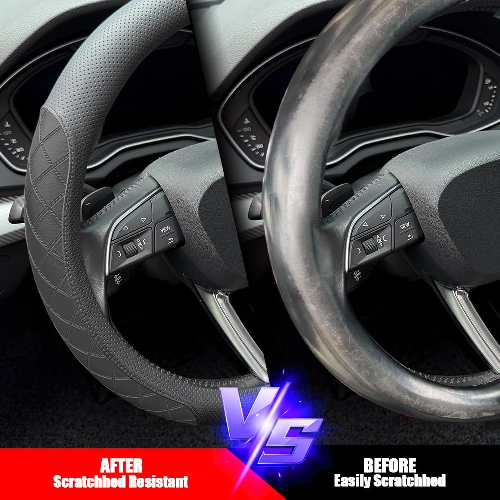 LKWLIKEI Nappa Leather Steering Wheel Cover, Elegant Diamond Checkered Design, Non-Slip wear-Resistant, Enhance Driving Comfort, Suitable for Steering Wheel Diameter 14 1/2‘-15’ Models.Black