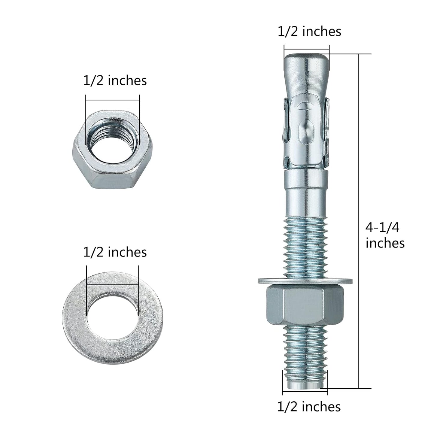 1/2x4-1/4" 10Pcs Inch Standard Fasteners for Heavy-Duty Zinc Wedge Anchors for Cement and Concrete