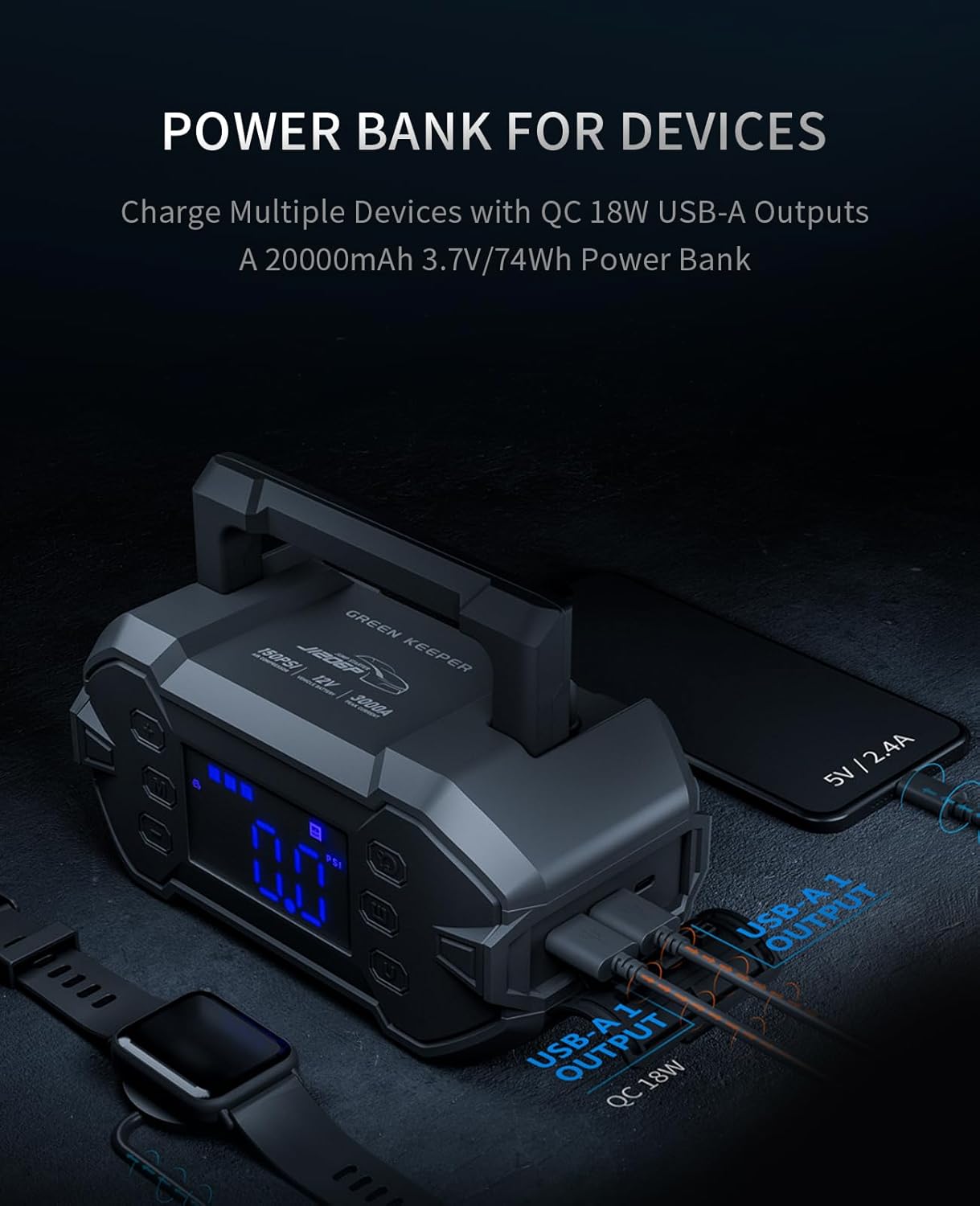 Portable Car Jump Starter 3000A with Air Compressor 12V Battery Jumper Emergency for 8.0L Gas & Diesel Engines Power Booster Start Boost Charger Box and Power Bank, for All Weather (GK-J1206P)