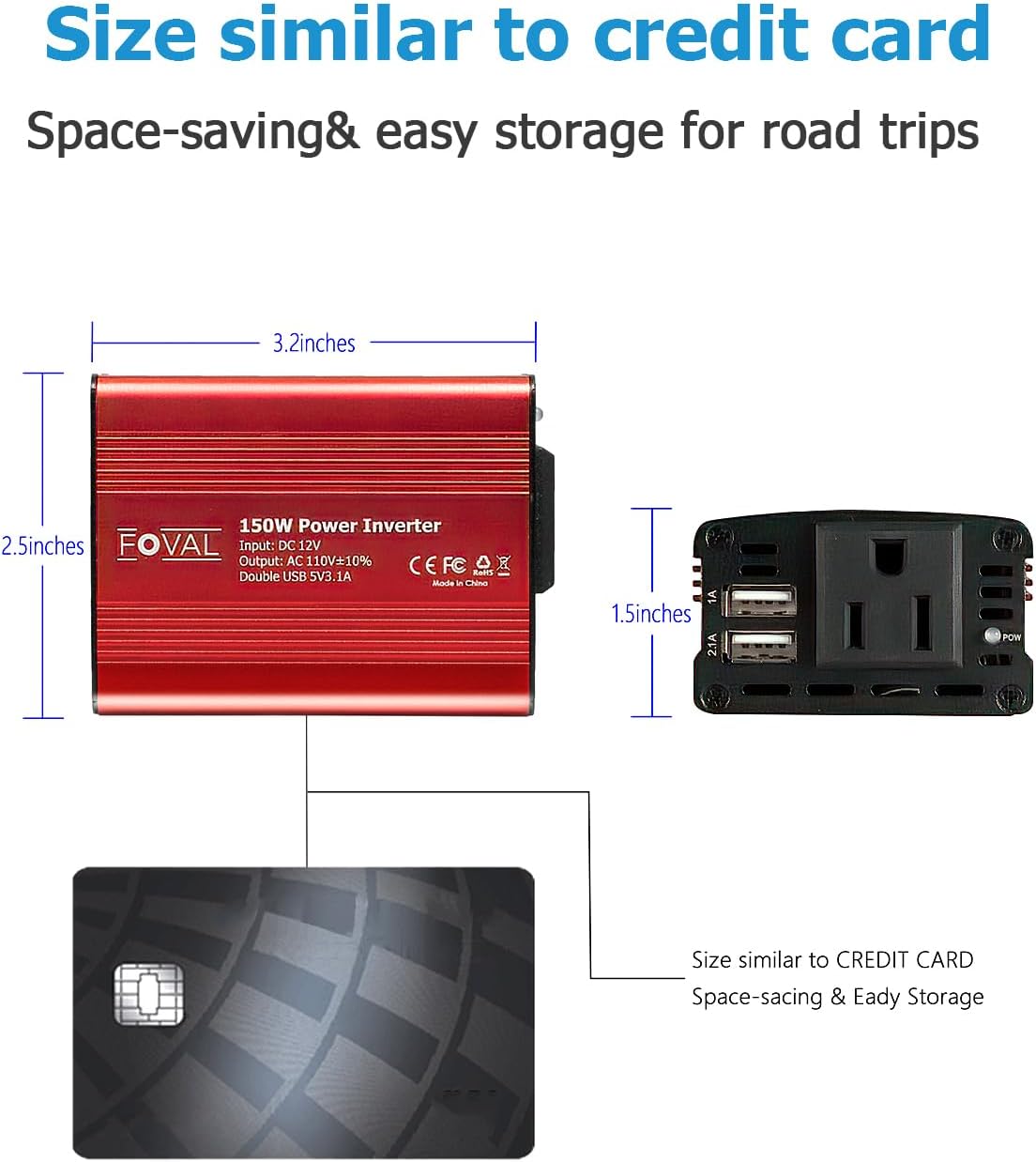 FOVAL 150W Car Power Inverter 12V DC to 110V AC Converter Vehicle Adapter Plug Outlet with 3.1A Dual USB Car Charger for Laptop Computer (Classic Red)