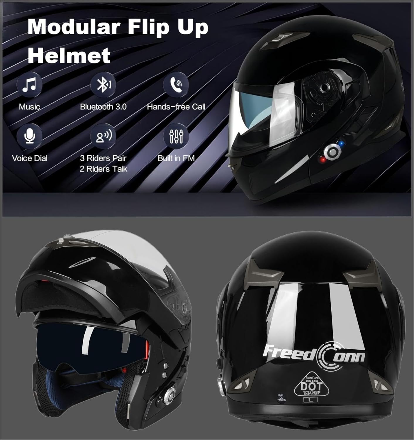 FreedConn BM2-S Bluetooth Motorcycle Helmet, Flip-Up Modular Motorbike Helmet, 500M Connectivity for 2-3 Riders, Voice Dial, Hands-Free Call, MP3, FM, DOT Certified ( X-Large, Gloss Black)