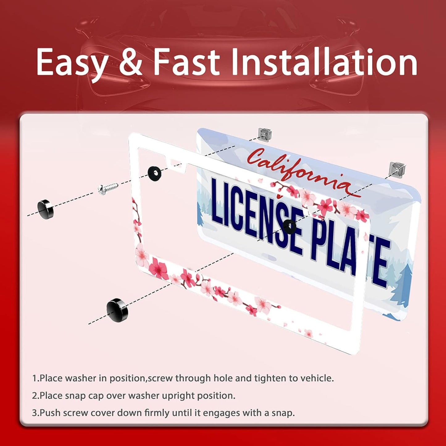 Personalise Beautiful Cherry Blossom License Plate Frame Floral Flowers License Plate Car Universal Stainless Steel Accessories Cars Decor 2 Holes Screws Fits Standard US Vehicles Size 12.2 x 6 Inch