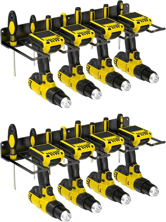 Drill Holder Wall Mount, Power Tool Organizer, Heavy Duty Metal Tool Storage with 8 Drill Racks for Garage Workshop Shed Pegboard Basement, 2 Pcs