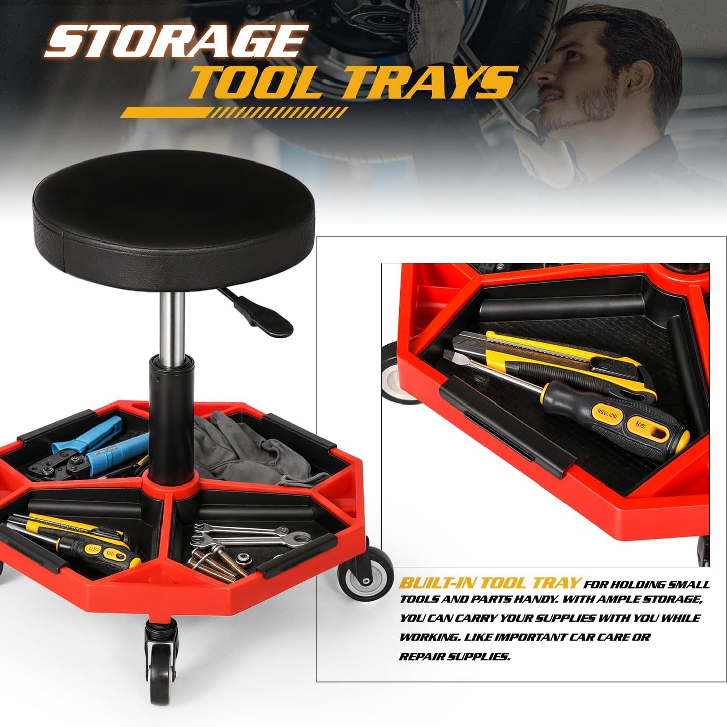 Magshion Adjustable Mechanics Stool with Wheels – 300 lbs Capacity Rolling Shop Stool for Garage & Workshop, Pneumatic Height Adjustable Work Chair with Tool Tray (Red)