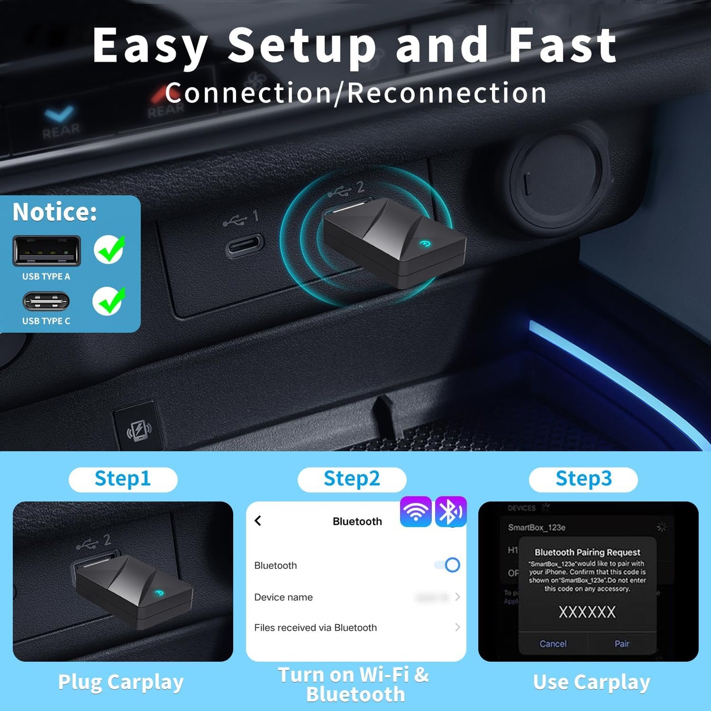 Wireless CarPlay Adapter,Convert Wired to Wireless CarPlay Adapter,Plug&Play 2-in-1 CarPlay & Android Auto Adapter,Fast&Stable Mini USB&USB-C/Type-C Car Adapter,Suitable for iOS10+/Android11+（Black）