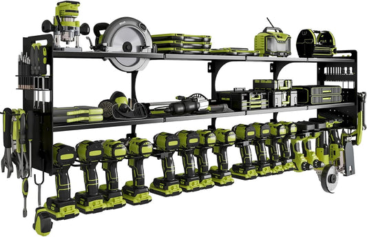 64" Power Tool Organizer Wall Mount, 16 Slots, 3-Tier Drill & Cordless Tool Storage Holder with Pegboard Sides, Tool Wall Organizer for Garage & Workshop Black