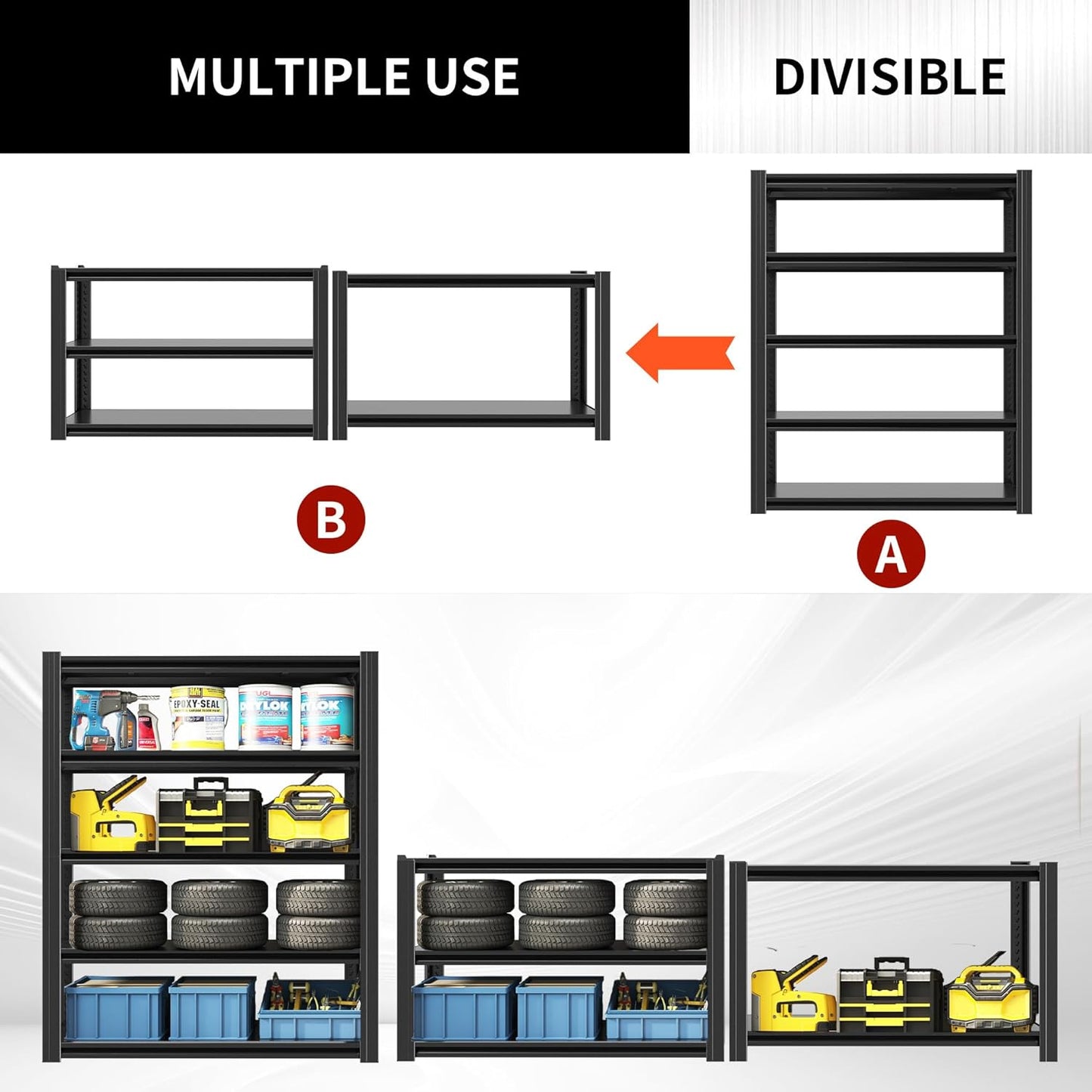 72" H Shelving Unit 5 Tiers Heavy Duty Garage Shelving 3000LBS Storage Racks Adjustable Metal Shelves Industrial Utility Rack for Garage, Workshop, Basement, Home Office 72" H*47.2W*23.6D