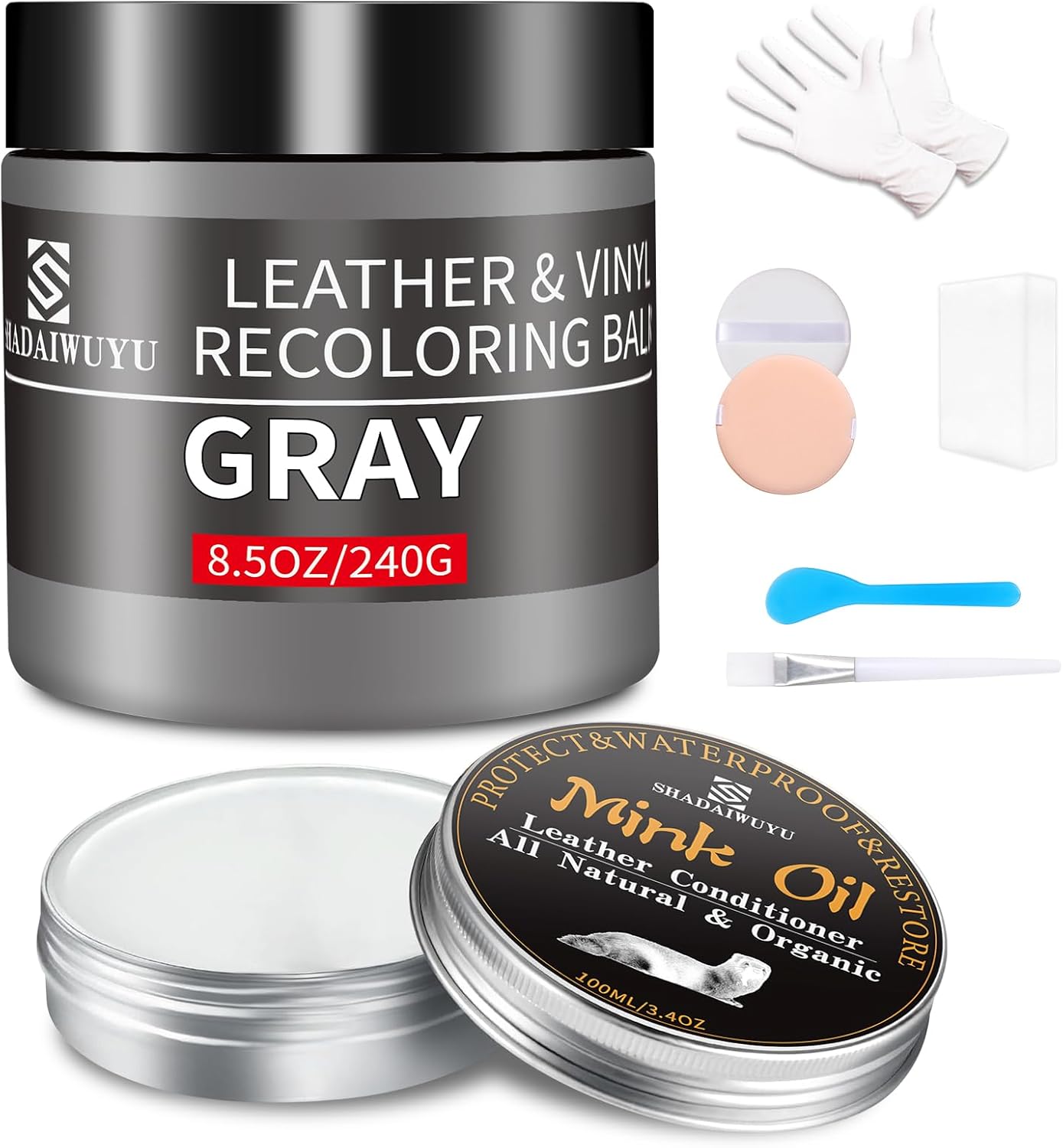 8.5oz Leather Recoloring Balm with 100ml Mink Oil,Gray Leather Repair kit for Furniture and Car Interior,Leather Couch Scratch Repair,Leather Dye Paint,Mink Oil for Leather