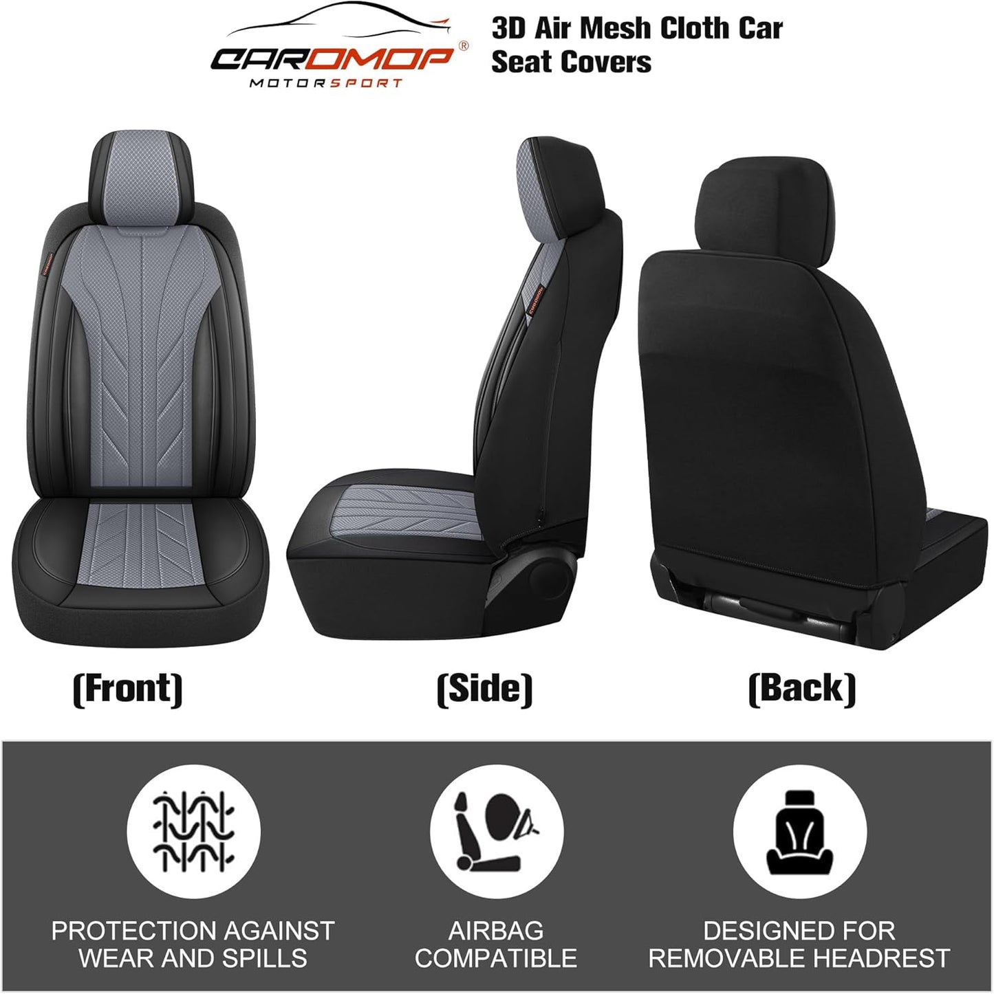 CAROMOP Luxury Faux Leather&Fabric Car Seat Covers 2 Front Seats with Breathable 3D Foam Back Support, Universal Seat Covers for Cars,Trucks,SUVs, Front Armrests Compatible(Black/Grey)