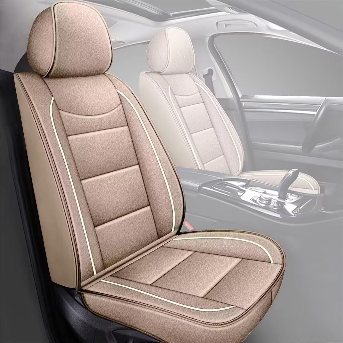 YORKNEIC Leather Car Seat Covers Fit for Hyundai Kona 2018-2025: 5 Seats Full Set Seat Covers - Waterproof Auto Seat Protector Compatible Airbag (Beige)