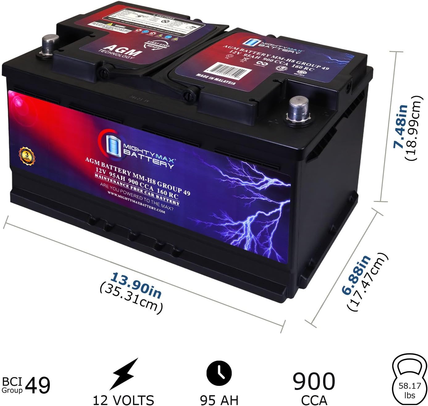Mighty Max Battery MM-H8 Start and Stop Car BCI Group 49 12V 95Ah, 160RC, 900 CCA Rechargeable AGM Car Battery