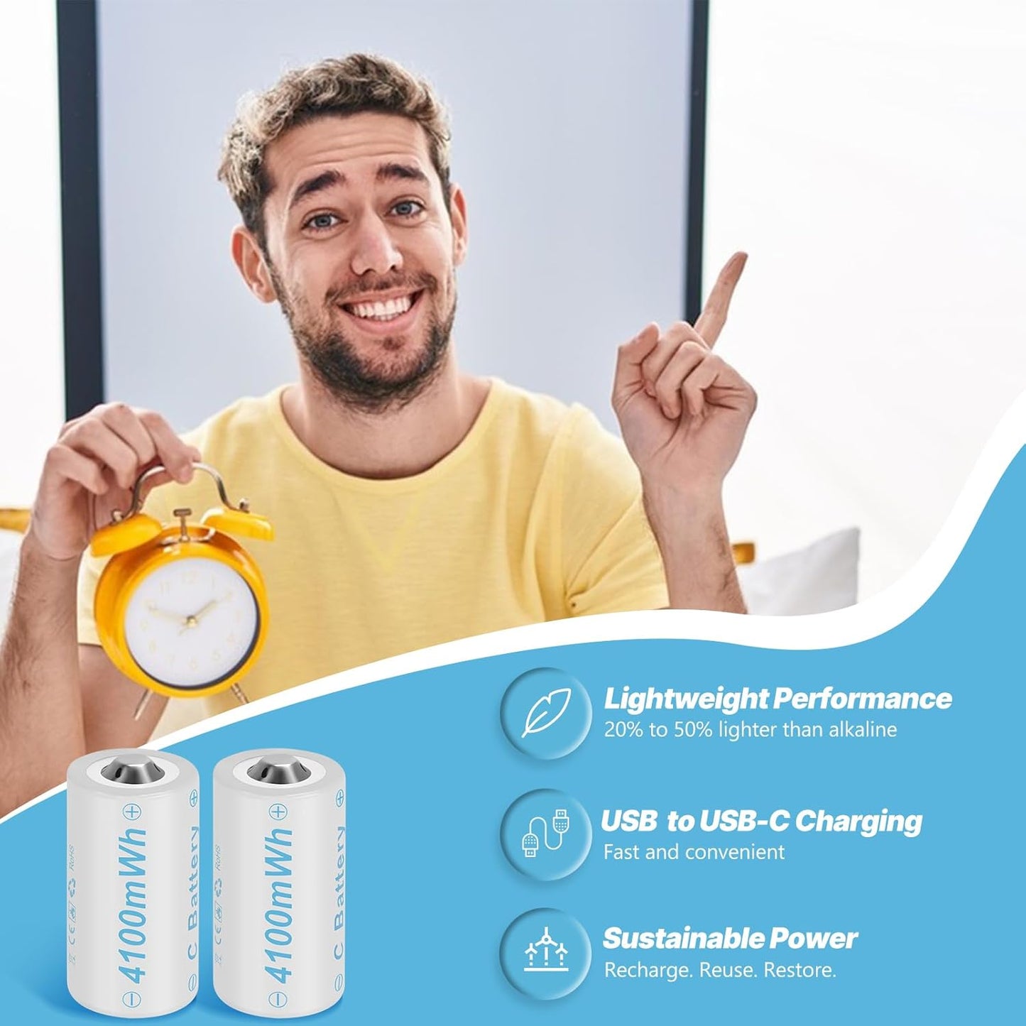 Rechargeable Lithium C Battery 8 Pack, Batteries c Size，Long Lasting1.5V C Batteries Rechargeable with 4 in 1 USB-C Charge Cable for Television Remote, Flashlights