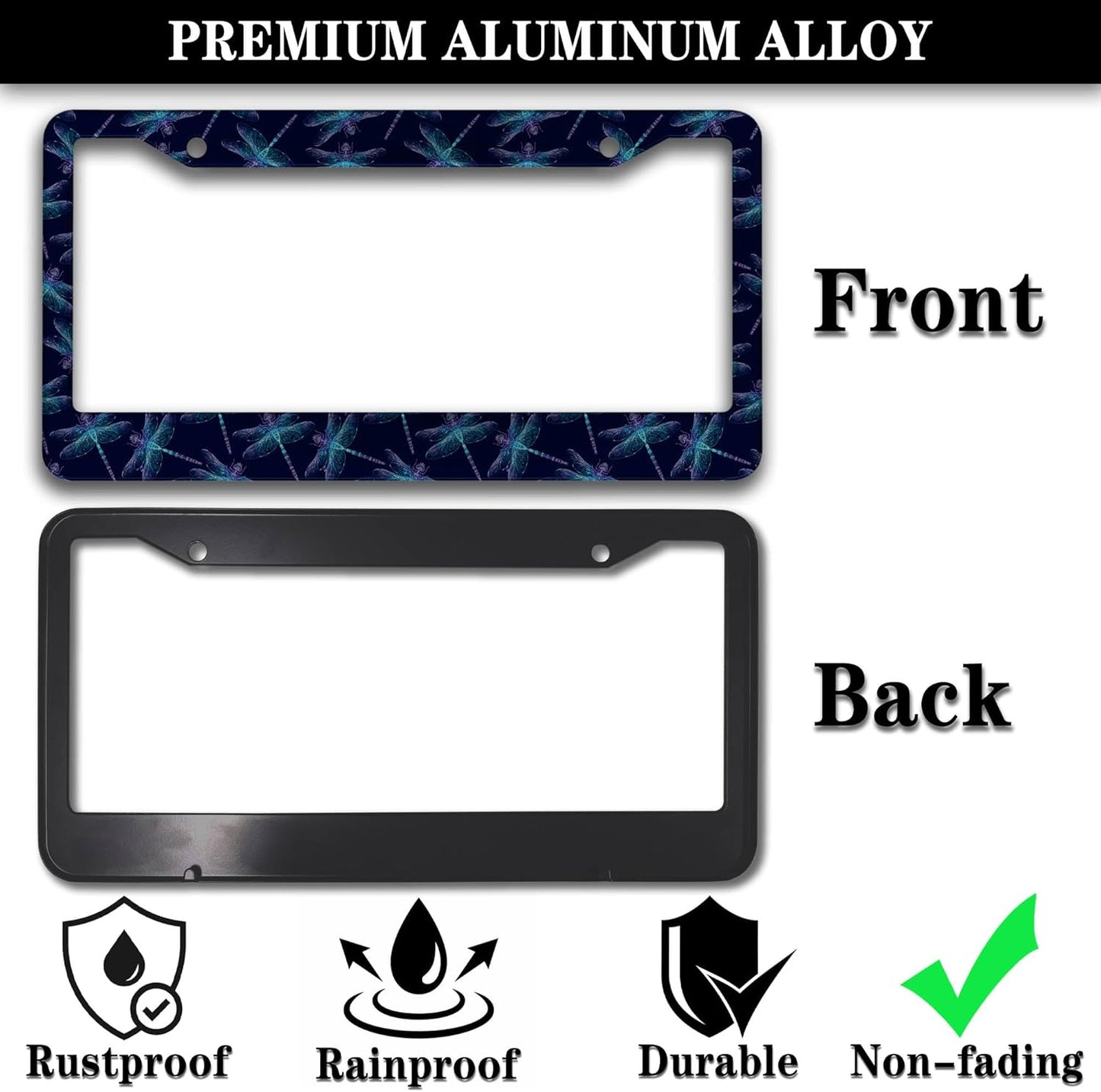 License Plate Frames Black Blue Automotive Exterior Accessories Beautiful Dragonfly Insects Aluminum Metal Car Accessory 2 Pack with Screw Covers Set