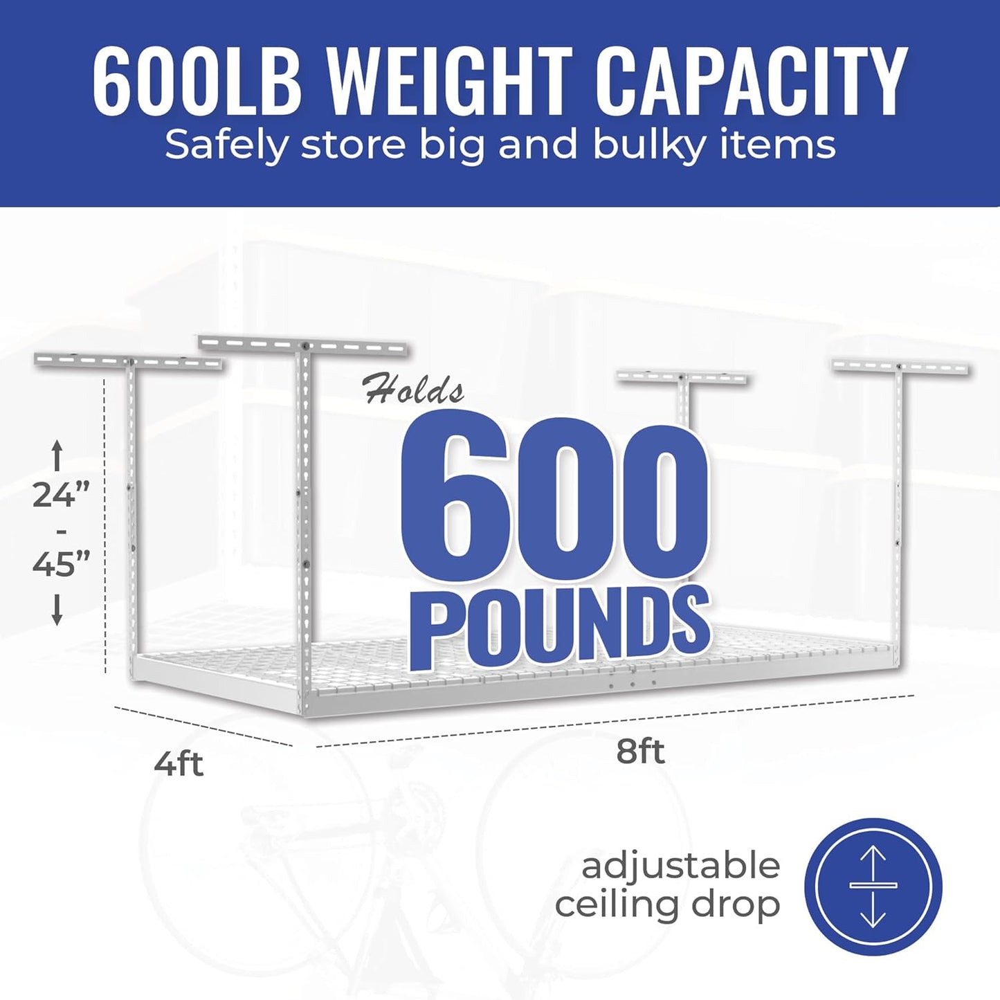 SafeRacks 4 ft x 8 ft Overhead Storage Rack Adjustable 24 in - 45in Height (White) With Accessory Pack With 8-Piece Deluxe Hook Accessory Pack