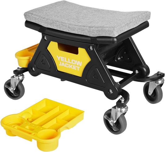 YELLOW JACKET Mechanic Stool with Wheels Rolling Stool Chair 300 lbs Capacity,Garage Mechanics Seat with Two Tool Tray and A Drawer Workshop Creeper Seat for Auto Repair Work