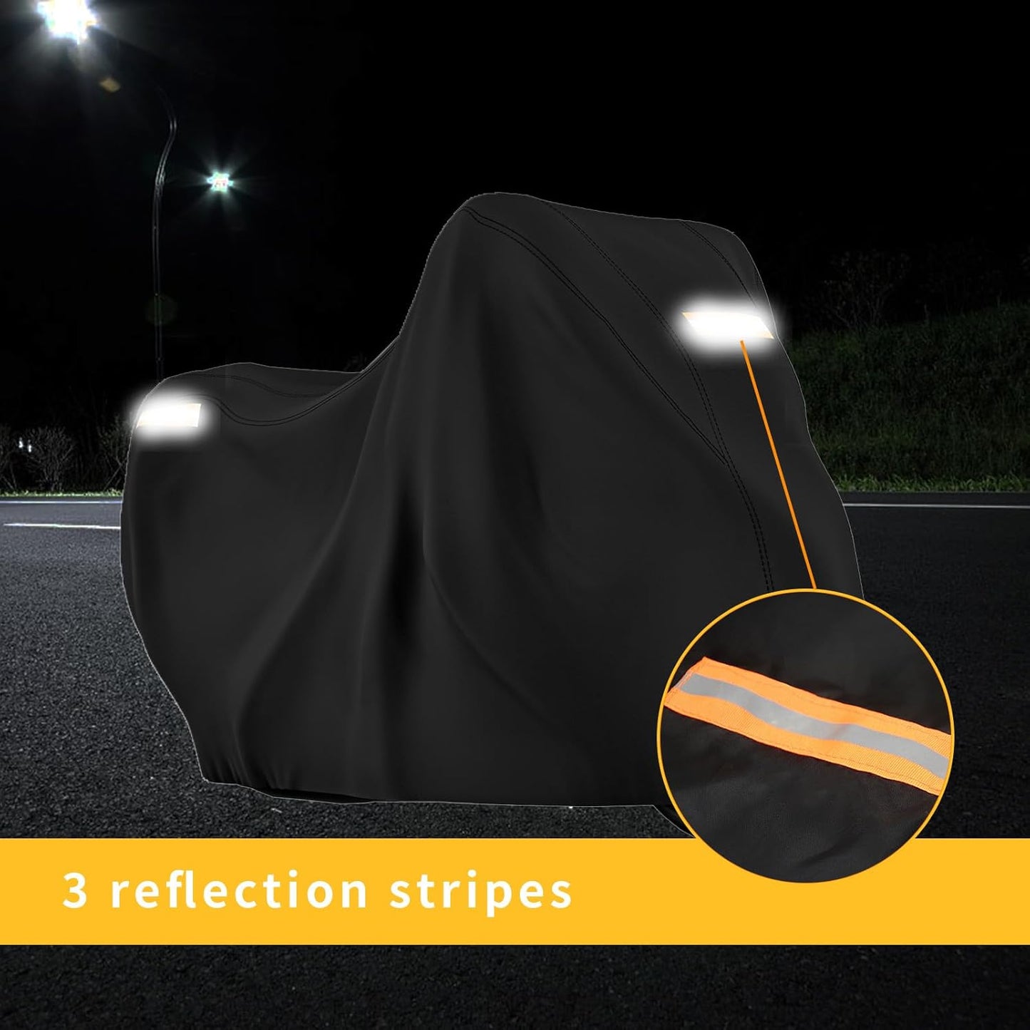 210D Motorcycle Cover All Season Waterproof Breathable Sun Outdoor Protection Three Reflective Tape with Lock-Holes & Storage Bag Bike Scooter Cover Universal (Black, 96.6''*41''*50'')