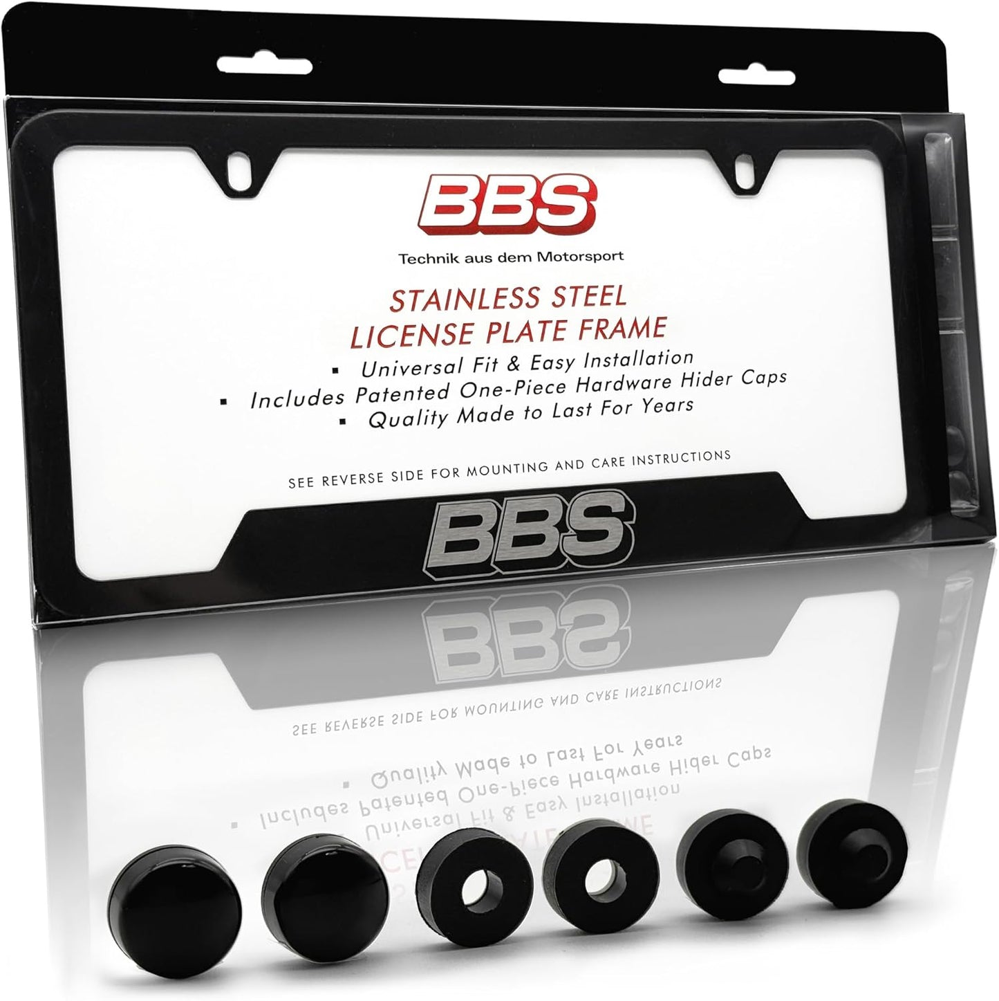 BBS Official Black Stainless Steel License Plate Frame – Made in USA – Premium Rustproof Powder-Coated Metal Car Accessory – Universal Fit – 1 Pack