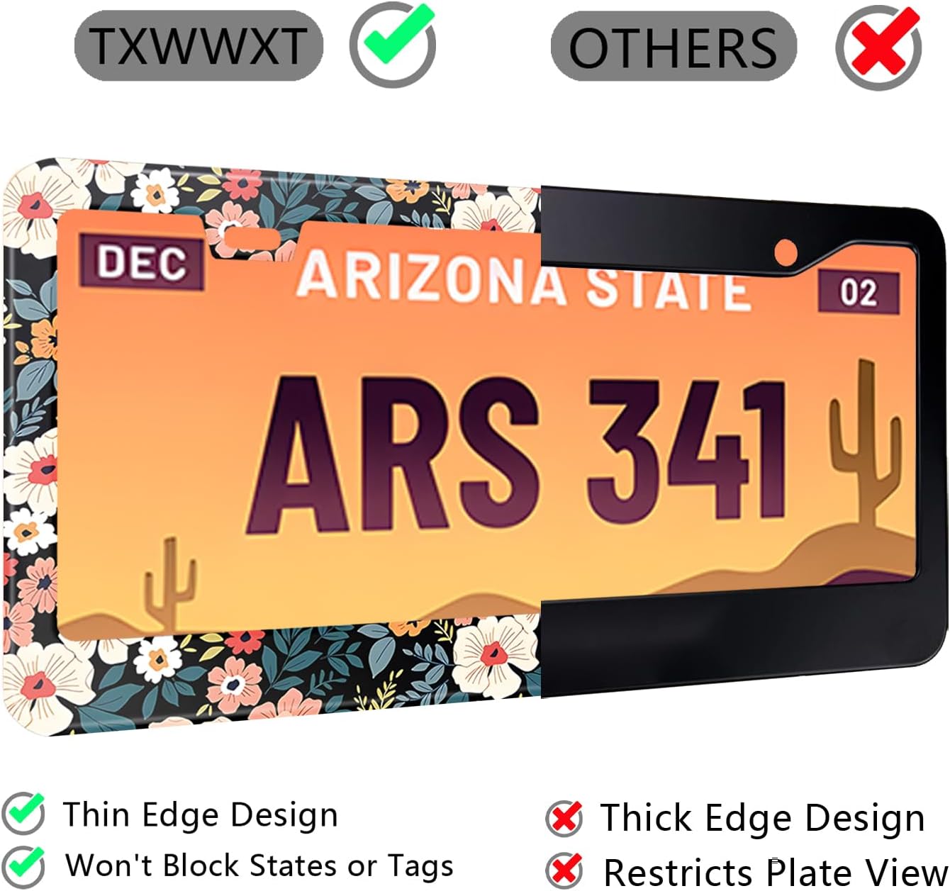 Folk Floral License Plate Frame Colorful Flowers Stainless Steel License Plate Frames Holder Covers Rust-Proof Auto Parts Decoration with Screws License Plate Holder for Car Accessories 12x6 Inch