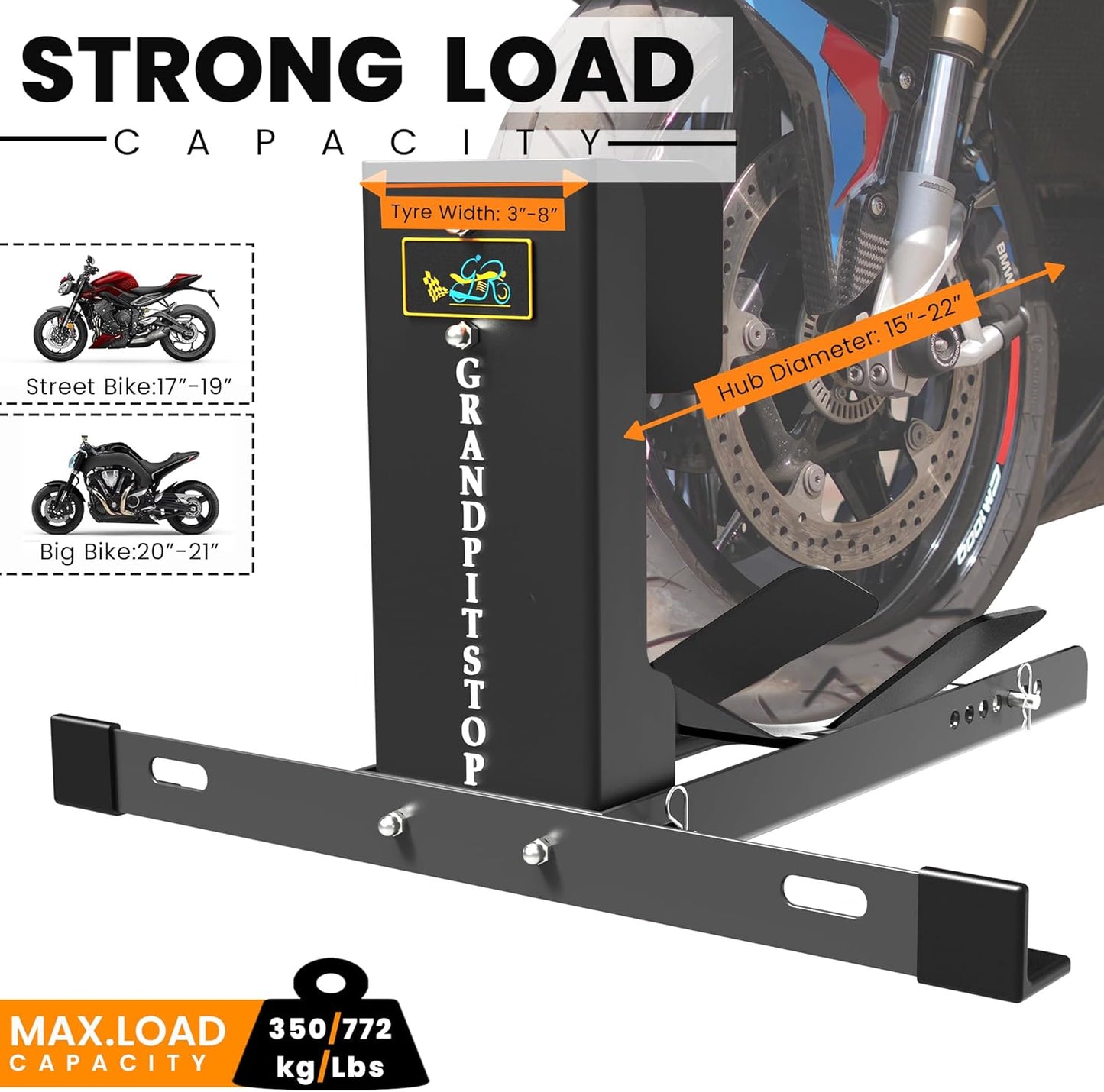 GRAND PITSTOP Universal Wheel Chock for Motorcycle Stand for Trailer Completely Adjustable Detachable Foldable Wheel Chock (Black V2)