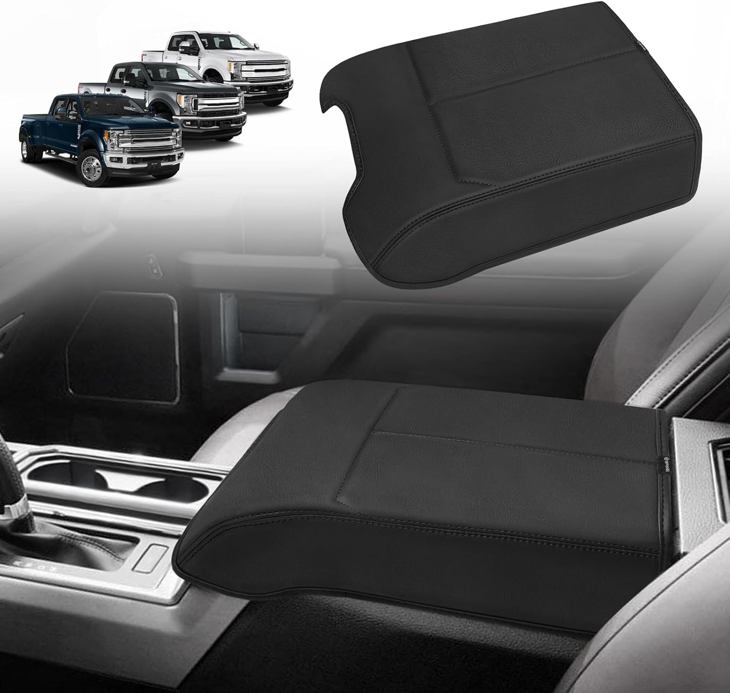 Muslogy Center Console Armrest Cover Compatible with Ford F250 F350 F450 2017-2022 Super Duty Comfort Armrest Pad Arm Rest Cushion Vegan Leather Protector Regular Thick(Bucket Seat ONLY)