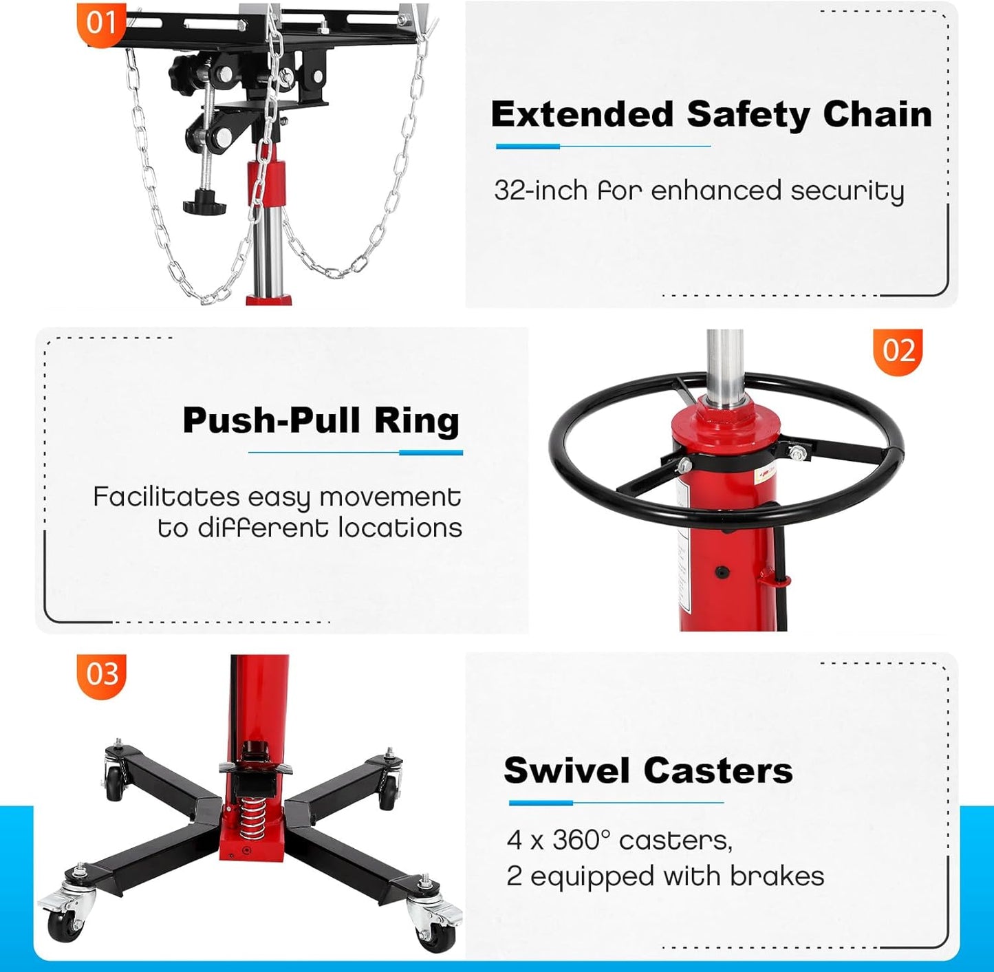 Transmission Jack, 1100lbs (1/2 Ton), 2-Stage Hydraulic Telescopic Jacks, Lifts 34"-68", with Foot Pedal & 360° Swivel Wheels, Ideal for Garage and Car Lifting, Heavy-Duty, Red