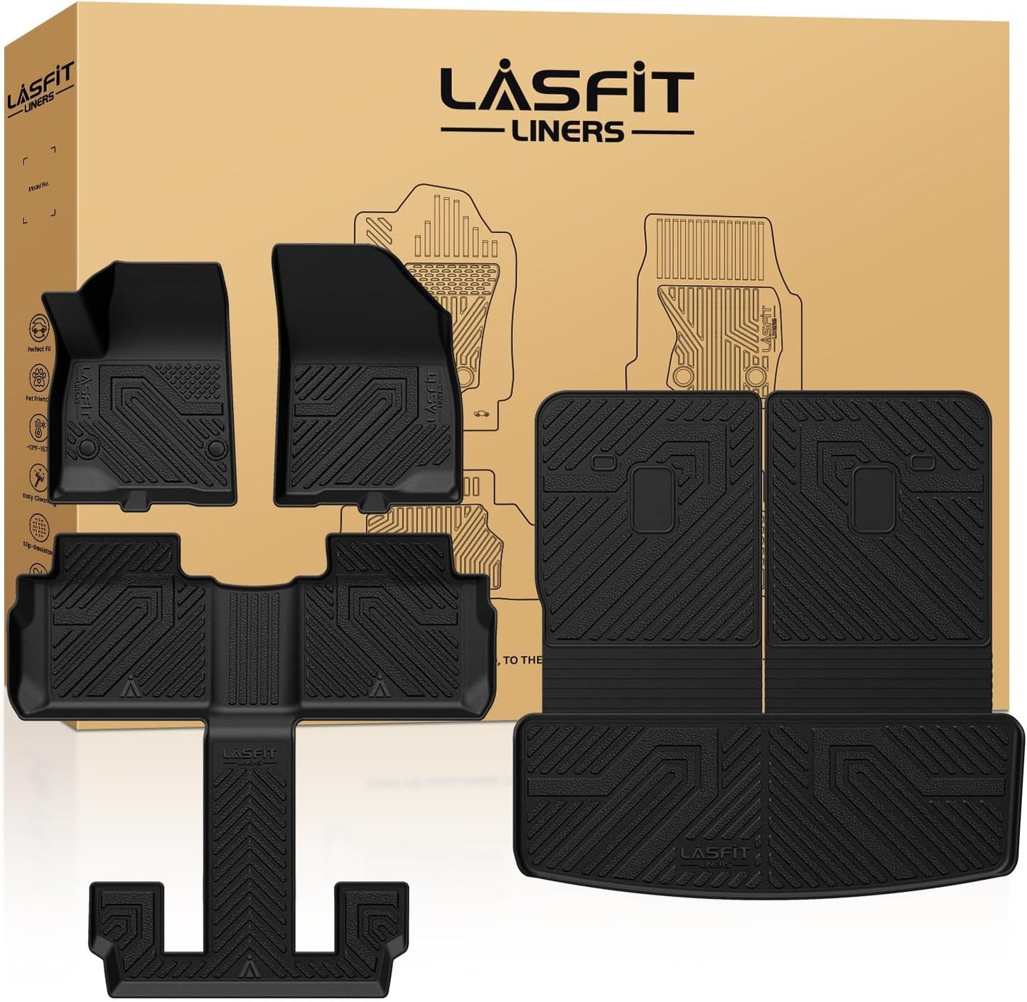 LASFIT Floor Mats & Cargo Liner with Backrest Mat for GMC Acadia 2017-2023 (Only Fit 6 Seats), All Weather TPE Custom Fit Floor Mats for Cars, 3 Rows Floor Liners Car Mats Full Set, Black