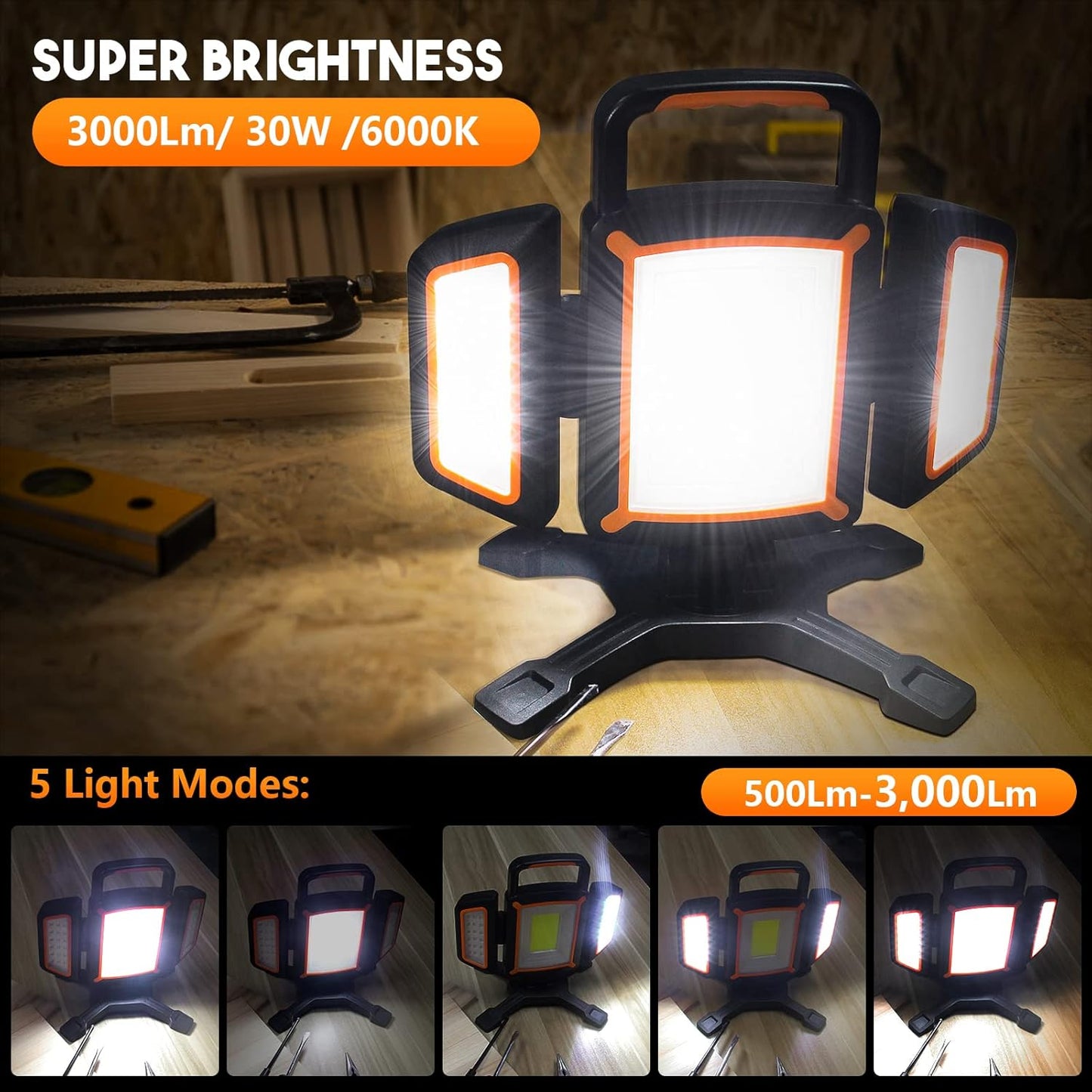 30W Rechargeable Work Light, 3000 Lumen Magnetic Work Light Battery Powered, Waterproof Portable Cordless Job Site Lighting for Construction Site, Workshop, Garage, Camping, and Car Repairing