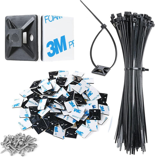200pcs 3/4" 3M Back-Glue Self Adhesive Black Strong Cable Zip Tie Mounts with 8" Ties, Screws, UV Protection Outdoor Sticky Wire Fasteners Cable Clips Management Anchors Organizer Holders Squares