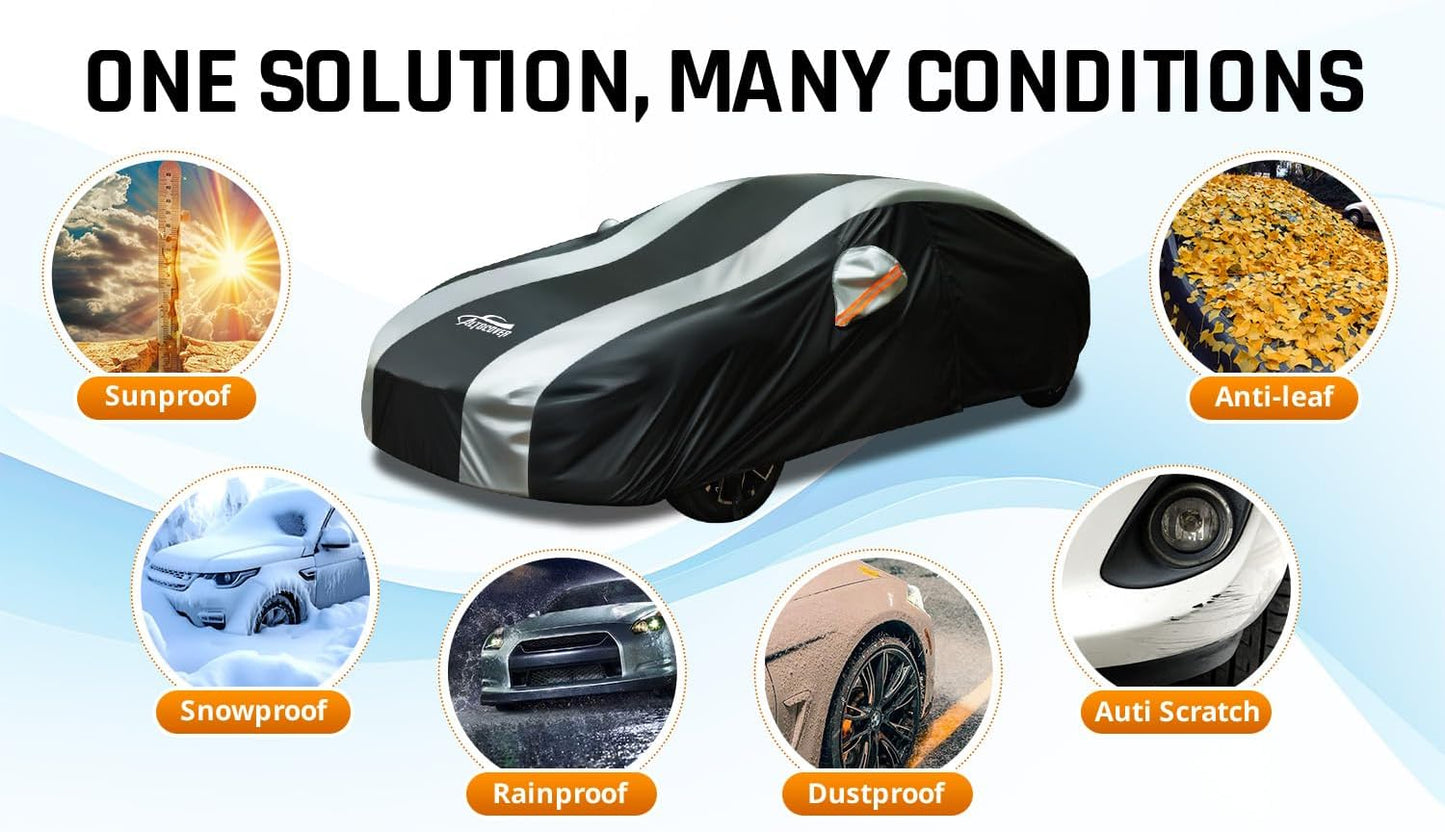 Car Covers for Automobiles All Weather Waterproof with Silver Stripe Design, Universal Fit Ford Mustang, Chevrolet Camaro, Toyota Camry, Honda Accord Civic, Nissan Altima,Tesla Model 3