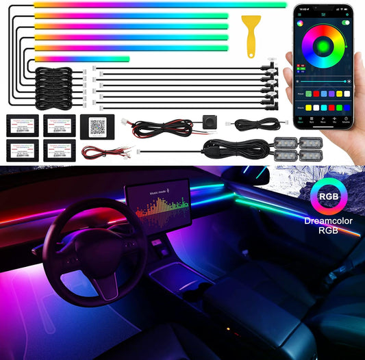 Dreamcolor Acrylic Interior Car LED Strip Light with Wireless APP, RGB 18 in 1 with 175 inches 593 LEDs Fiber Optic Ambient Lighting Kits, 16 Million Colors Sound Active Function Car Neon Lights