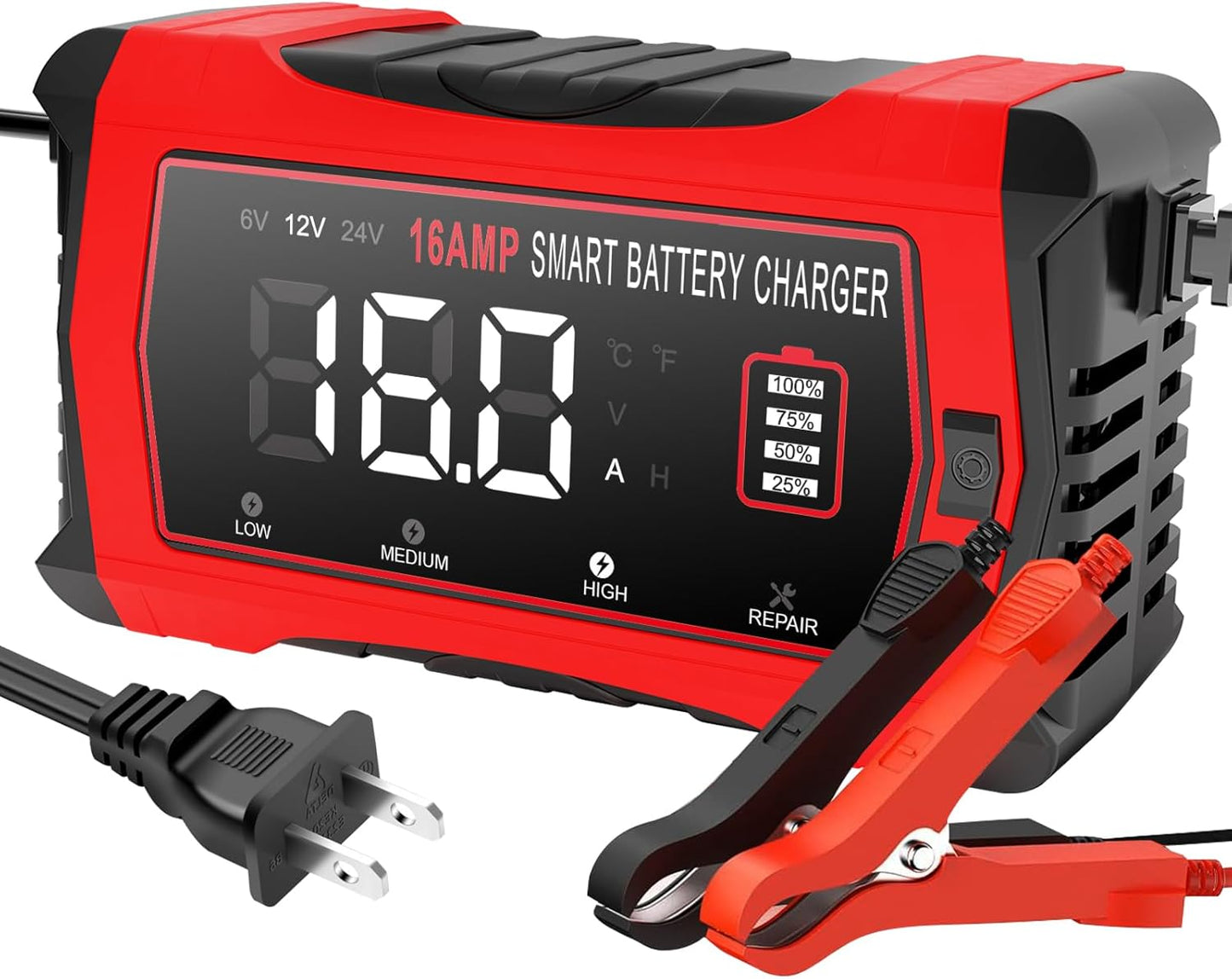 16-Amp 24V/12V/6V Portable Car Battery Charger,Smart LiFePO4 Lithium Lead-Acid Battery Charger,Trickle Charger,Maintainer w/Temperature Compensation for Motorcycles Boats ATVs Lawn Mowers