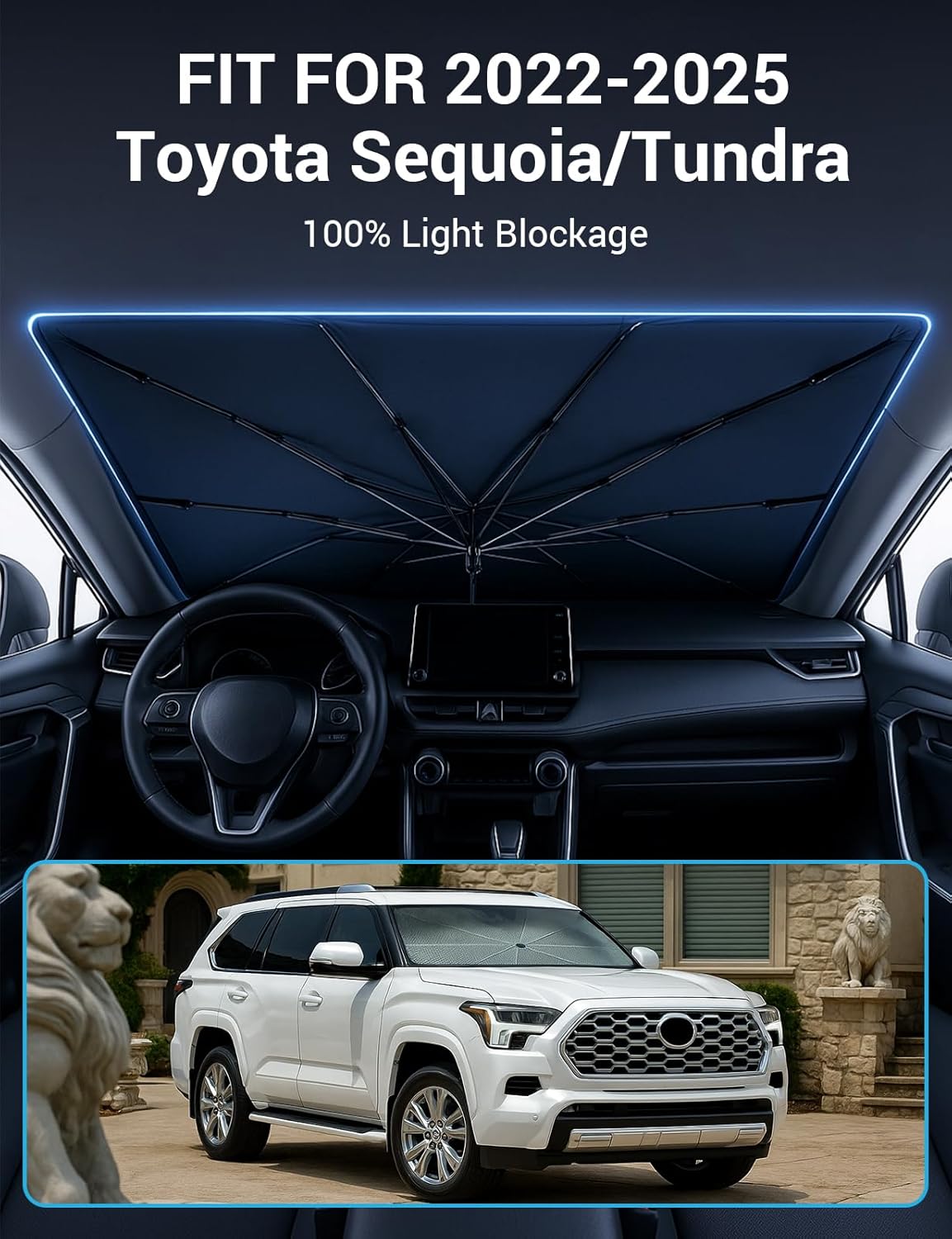 Proadsy Windshield Sun Shade Umbrella for Toyota Sequoia 2023-2025 2026 Foldable Car Umbrella Sunshade with Soft TPU Handle Spring Structure Crystal Cooling Material Protect Car from Rays & Heat