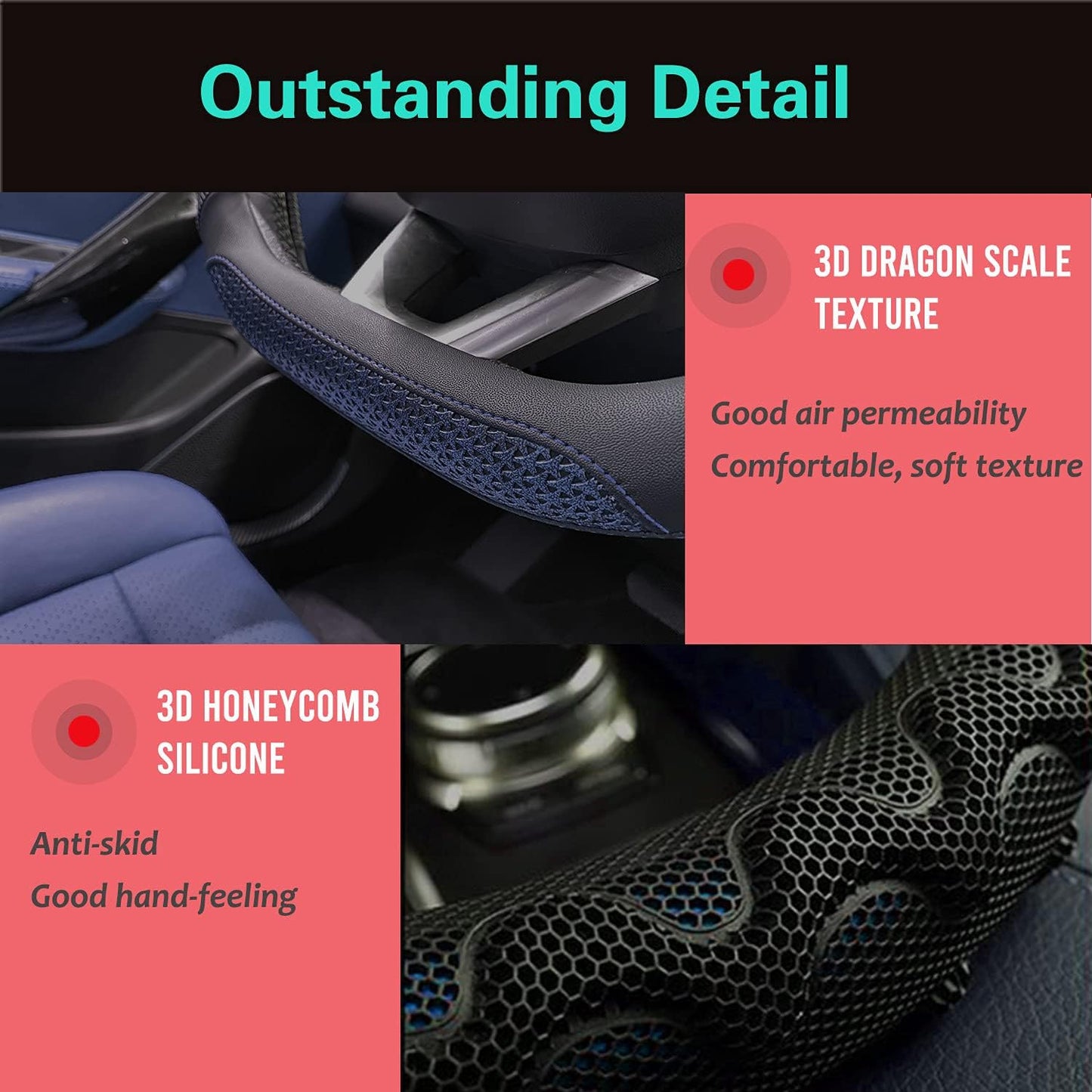 PINCTROT D Shaped 14.5-15 Inch Steering Wheel Cover Great Grip with 3D Honeycomb Anti-Slip Design, Flat Bottom 14.5-15 Inch (Blue)