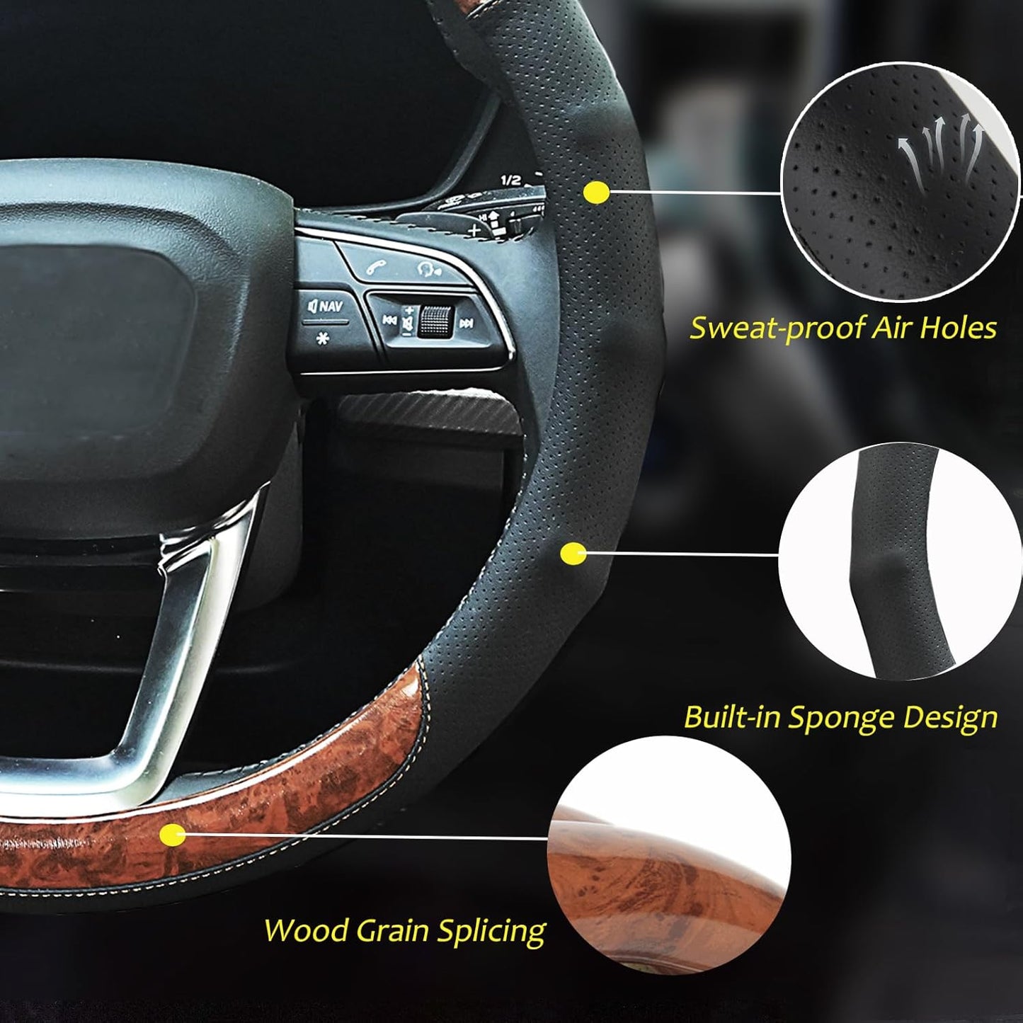 Wood Grain Steering Wheel Cover Car Steering Wheel Covers 14.5-15 inch with Coasters Microfiber Leather Splicing Breathable Anti-Slip Durable Universal Auto Steering Wheel Protective