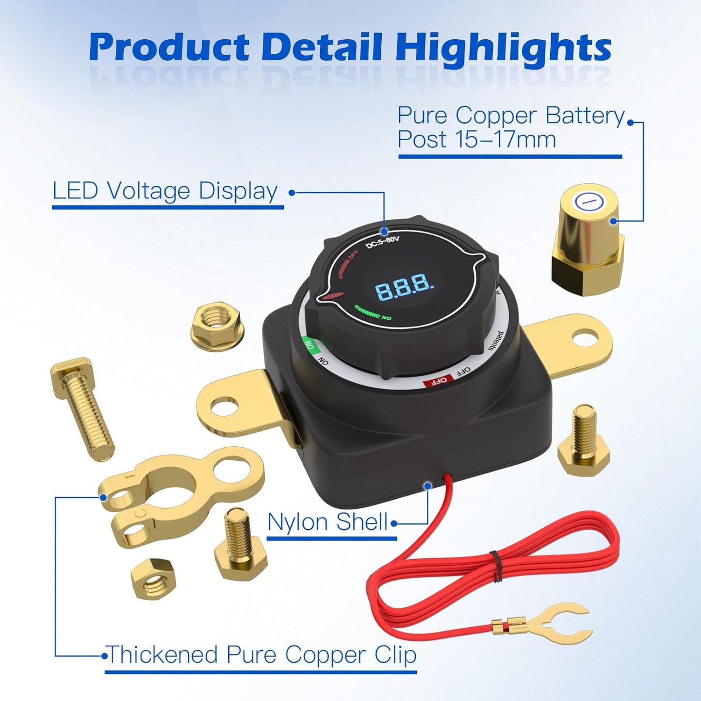 MaySpare Top Post Battery Disconnect Switch with Digital Voltage Display, DC 5-80V On Off Kill Switch, Voltmeter Power Cut Master Disconnect Isolator for Car RV Marine Boat Camper Truck Trailer